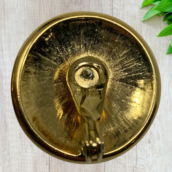 Vintage 1980's Monet Modernist Earrings Pierced Gold Tone Red Enamel New Wave - Picture 3 of 6